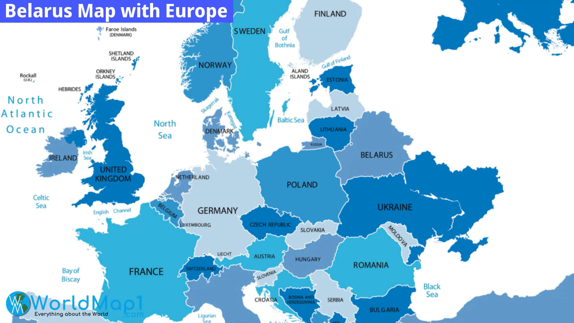 Carte de la Bielorussie avec l'Europe et la Russie